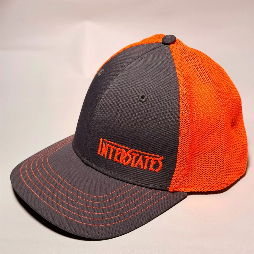 OC Sports Interstates Trucker Hat Grey‎ Neon Orange Mesh Stretch Fit S/M Q3 Cap